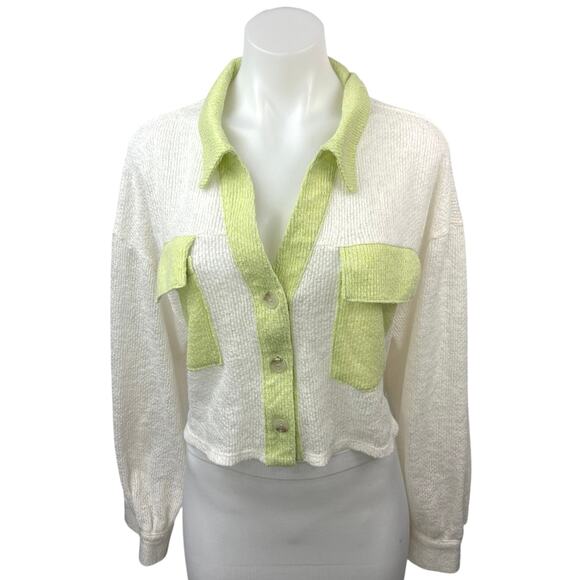 The Shoppe White Green Collared Pocket Button Up Cardigan Sweater Top Size L - Picture 1 of 4